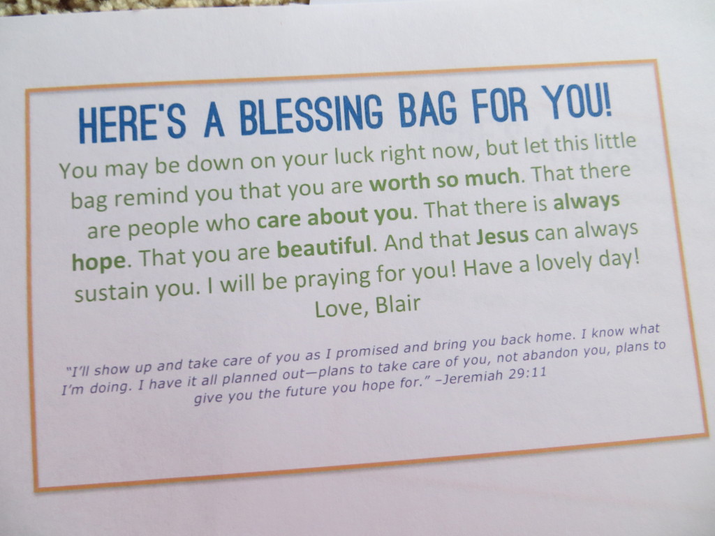 Blessing bags for the homeless | Blair Blogs